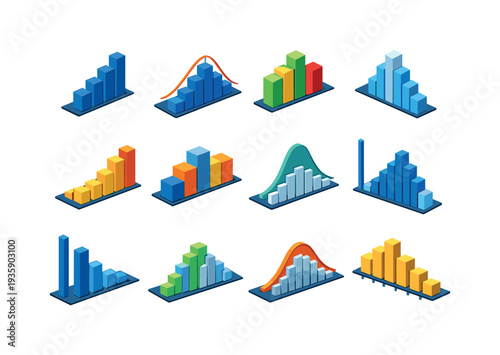 Isometric vector icons of data visualization histogram charts: histogram bars, bell curve overlay, range intervals, density