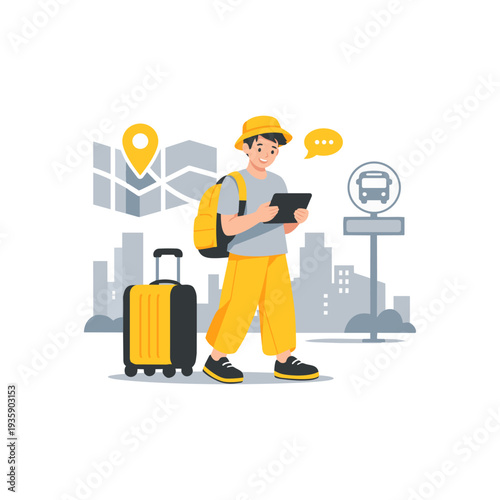 Traveler Using Tablet at Bus Stop