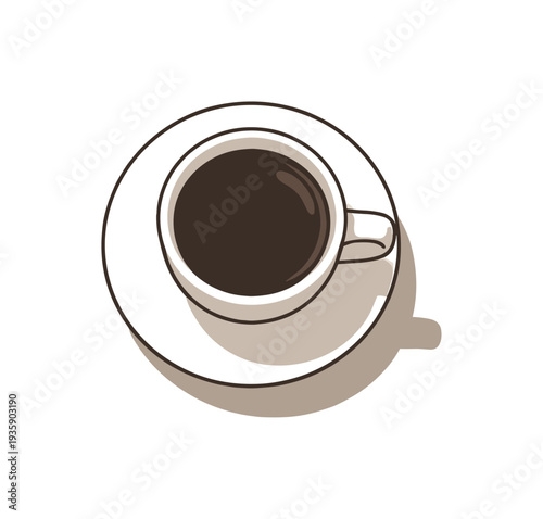 Clean coffee break minimal scene viewed from above with generic cup and saucer aligned clearly, placed in the right third of a