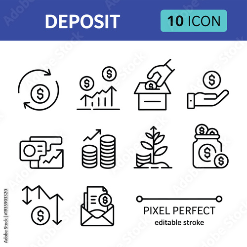 bank deposit vector icons, finance savings and payment symbols, flat design for mobile apps and dashboards, money coins, cash stack, vault.
