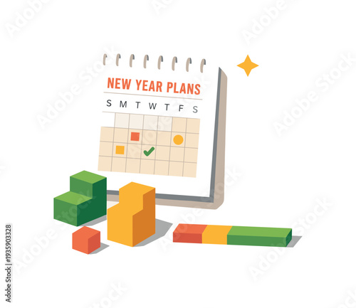Minimal new year planning concept with notebook calendar page and progress blocks loosely arranged seen from a top-down angle,