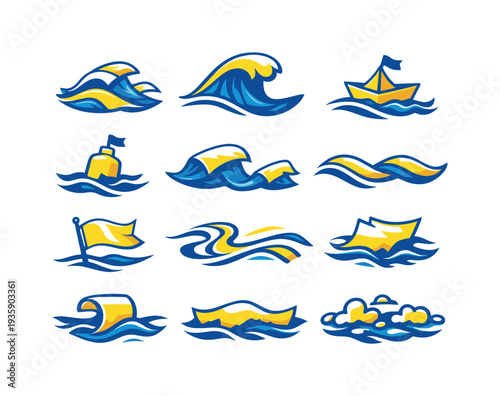 Two-Color vector icons of imaginative paper seascape: dreamy sheet-waves, soft-curve parchment swell, fluid-line paper crest,