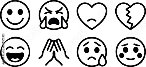 Set of eight black line emoji icons face symbols and hand gestures with emotions on transparent background
