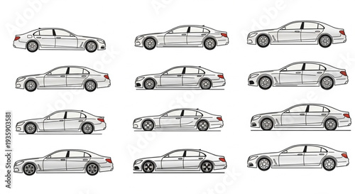 Collection of Luxury Sedan Car Silhouettes Side View.