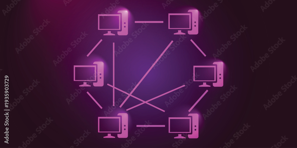 Fototapeta premium Peer to Peer Network Diagram – Connected Computers Sharing Data, Digital Technology Communication System Concept
