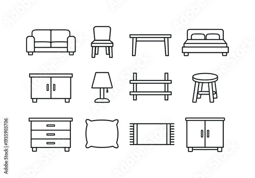 Furniture Icon Set. Line style vector icons of Furniture makeover icons: sofa, chair, table, bed; cabinet, lamp, shelf, stool;