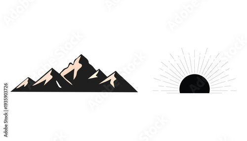 Minimal Mountain Landscape with Rising Sun Rays Vector Icon, Modern Nature Adventure Logo Design