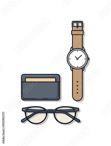 Clean minimal accessories lineup concept viewed from above with generic watch cardholder and glasses aligned clearly, placed in
