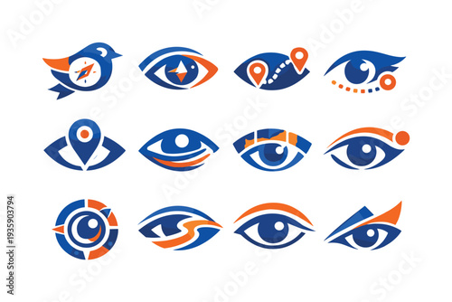 Two-Color vector icons of exploratory vision: compass-eye bird, directional pupil arc, route-lined brow, path-marked cheek;