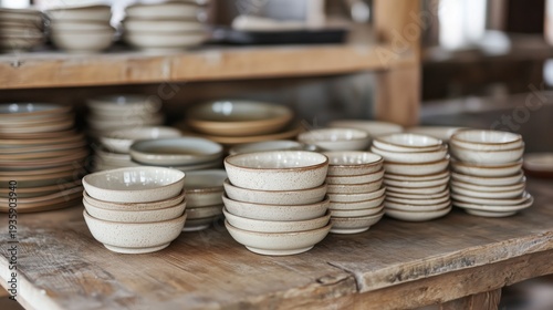 Handcrafted Pottery Displayed on Wooden Shelves in a Workshop During Daylight Hours