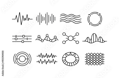 Line style vector icons of underground tunnel: pulse band, rhythm band, flow band, feedback ring, modulation bar, modulation band