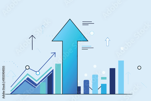 Business growth chart with upward trending arrows and bars