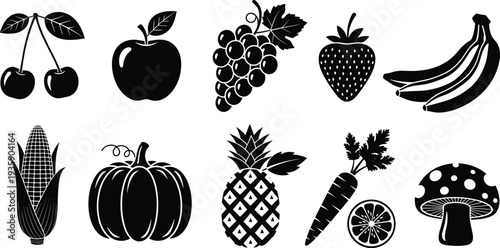 Black and white fruit and vegetable silhouettes set with apple, banana, grapes, pineapple, and corn for cad drawing flat vector illustration kitchen designs.
