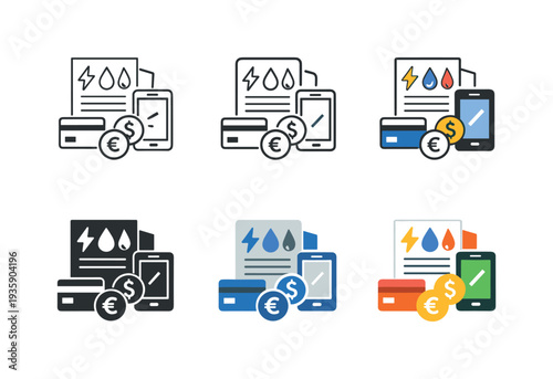Utility bill payments icon showing stylized bills, payment cards, currency symbols, and digital devices representing electricity,