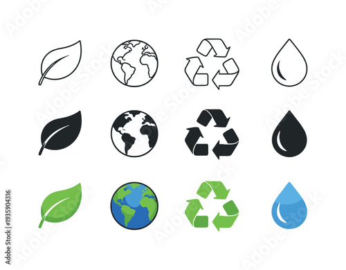 Sustainable Icons Grid. Leaf for environmental health, globe for planetary climate, recycle symbol for sustainable action, and
