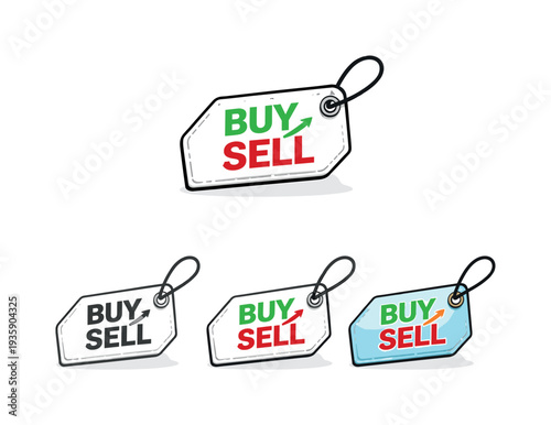 Buying and selling action illustrated by a price tag with clipped corner and hanging hole shown front-facing as one clear retail