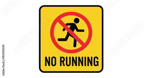 Close-up of a yellow warning sign with a red circle and a black running silhouette on a white background.