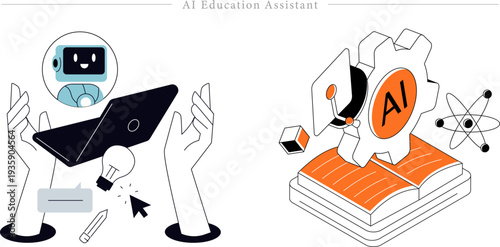 AI Education Assistant Flat Line Art Artificial Intelligence Learning Illustration Set