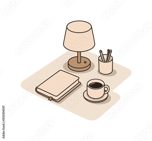 Calm nightstand essentials minimal set with lamp and book slightly angled for balance shown from above, arranged in the right