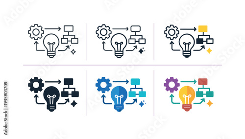 Creative workflow icon depicting stylized light bulbs, gears, flowcharts, and idea symbols representing the innovation process,
