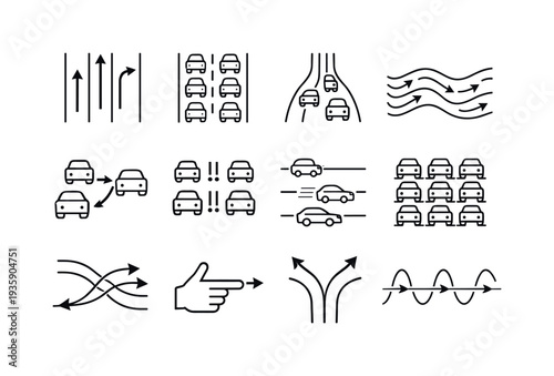 Line style vector icons of highway traffic patterns: lane arrows, dense car flow, bottleneck zone, smooth flow wave, overtaking