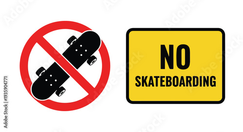Close-up of 'No Skateboarding' signs on a white background with prohibition symbol and yellow warning sign.