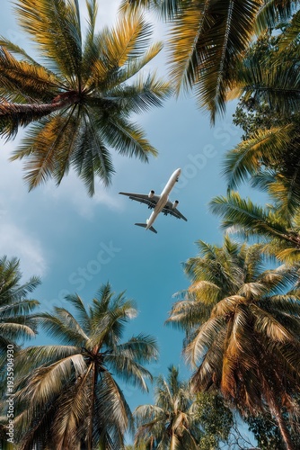 Soaring High: A passenger plane soars gracefully against a vibrant blue sky, framed by the lush, towering fronds of tropical palm trees.