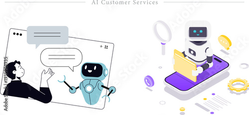 AI Customer Service Flat Vector Automated Support Chatbot Illustration