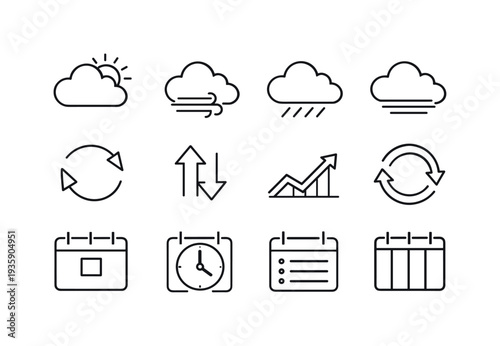 Cloudy Day Icons. Line style icons of cloudy day forecast: cloudsun, cloudwind, cloudrain, cloudfog; change, shift, trend, update;