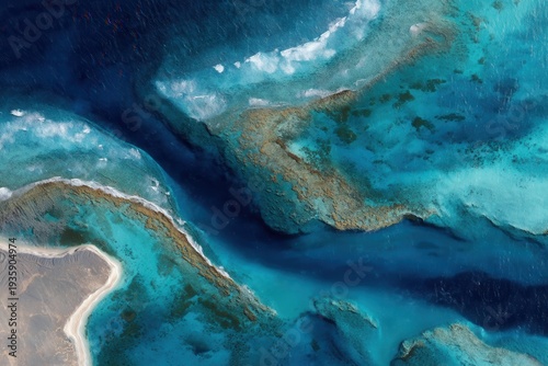 Oceanic Artistry: An aerial view showcases the mesmerizing dance of marine life, where the vibrant turquoise hues of the ocean meet the sandy shores, a symphony of natural beauty.