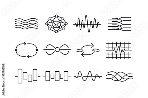Line style vector icons of coding programming object oriented symbols: flow stripe, sync mesh, frequency contour, modulation