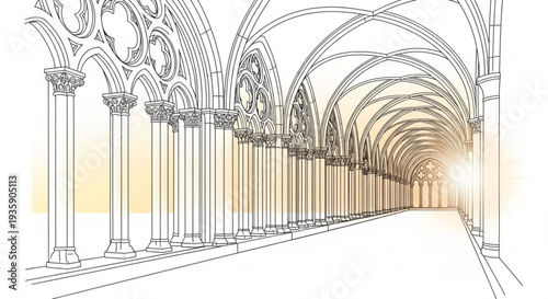 Gothic architectural corridor with arches and columns on transparent background