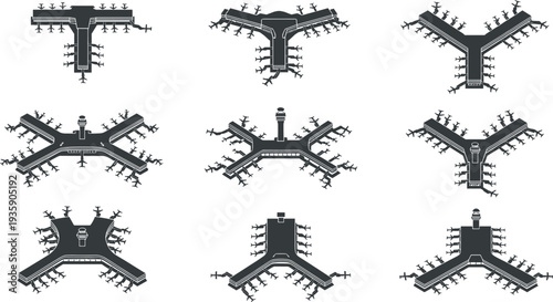 Airport Terminal Top View Silhouette Set Airplane Gates Runway Layout Aviation Map Isolated on White Background