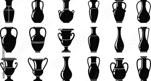 Ancient Greek Vase Silhouette Set Classic Ceramic Amphora Pottery Collection Isolated on White Background