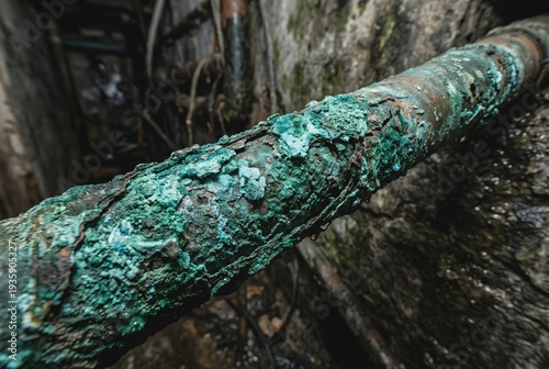 Extreme macro close up of severely corroded copper pipe covered in thick toxic verdigris rust