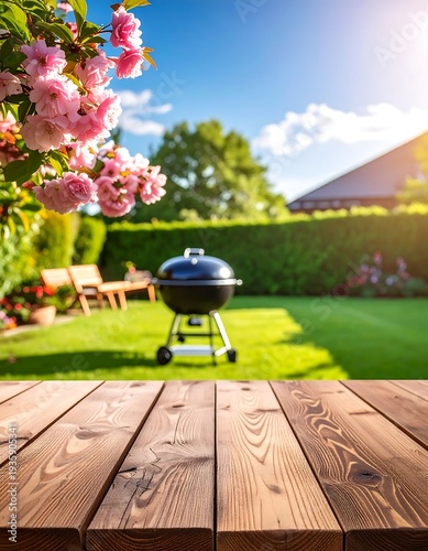 Warm outdoor scene featuring a grill and blooming spring flowers