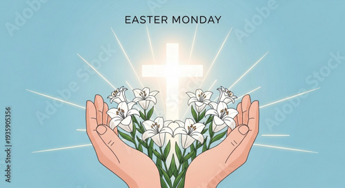 Easter monday illustration with hands holding white flowers and glowing cross symbolizing hope and renewal on a light blue background