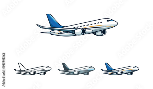 Executive Airplane Icons. Executive journey scene portrayed as a jet airplane with swept wings and engines under the wings viewed