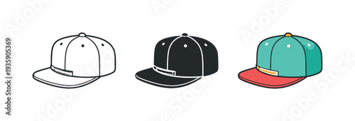 Street hangout context featuring a snapback cap with flat brim and adjustable strap, matching form repeated in a horizontal trio