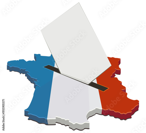 Symbolic representation of the French electoral process featuring a ballot paper being inserted into a 3D map of France with tricolor flag colors, reflecting civic duty. (cut out)