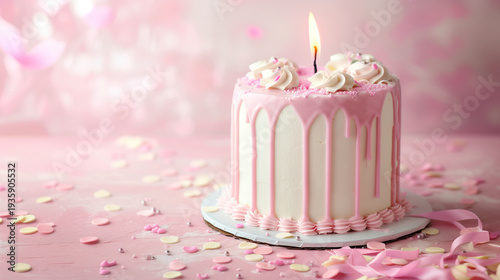 Elegant white cake with pink drip icing, decorative swirls and single candle, pastel confetti on table, birthday celebration, feminine and sweet occasion.