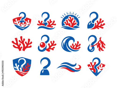 Two-Color vector icons of coral symbolism inspired by a caught pirate hook: coral crest, curved hook hint, reef glow, gentle arc;