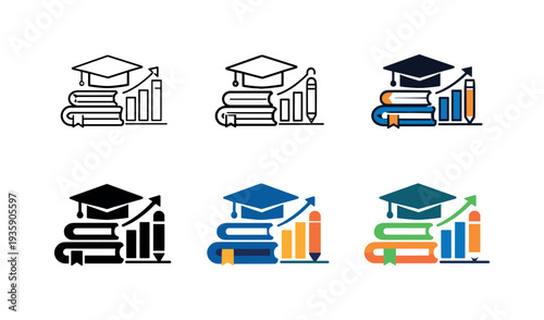Educational growth icon showing stylized graduation caps, books, pencils, and charts representing skill building, learning
