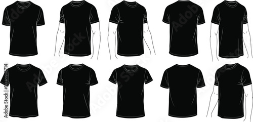 Black t-shirt mockup collection, blank short sleeve shirt templates front and back views, apparel design vector illustration set