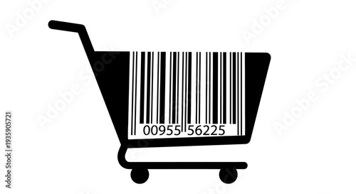 Black shopping cart silhouette with barcode on white background.