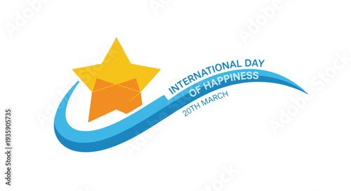 International Day of Happiness celebration with star and ribbon design.