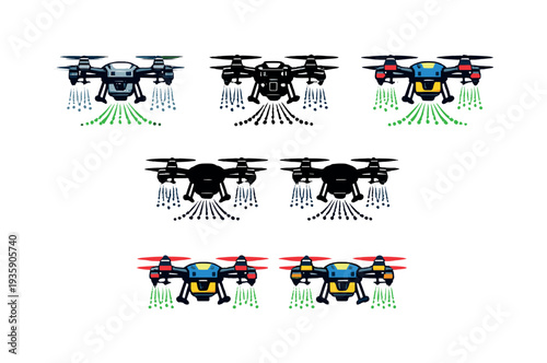 Precision cultivation action illustrated by a quadcopter drone with four propellers and central body hovering in profile as one