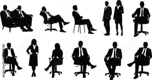 Business people sitting and standing silhouettes professional office workers meeting discussion vector set isolated on white