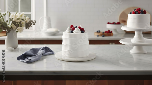 White frosted cakes topped with berries on marble countertop in a modern kitchen, elegant dessert display, home baking, fresh ingredients, stylish presentation.