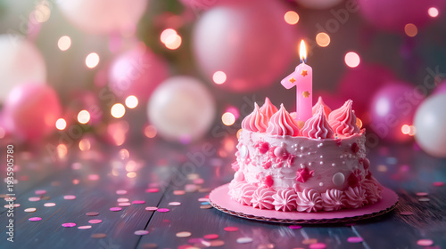 Pink frosted birthday cake with a number one candle, decorated with swirls and stars, surrounded by balloons and confetti, festive party scene, first birthday, celebration joy.